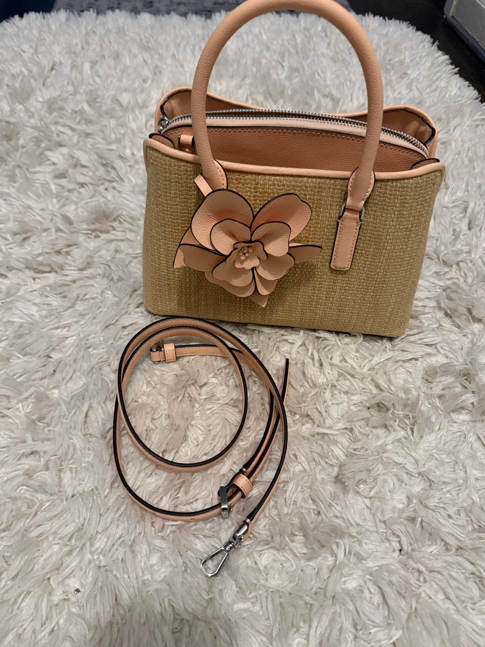 kate spade Peach and Straw Floral Appliqué Satchel